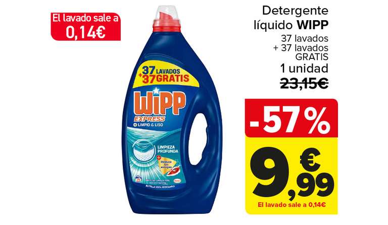 74 lavados Wipp Express Detergente Carrefour