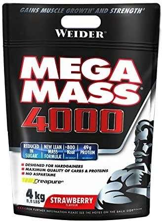 Weider Mega Mass 4000 Sabor Fresa (4 kg). 69% de hidratos.Enriquecido con Vitaminas y Minerales
