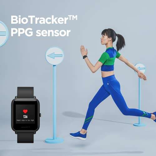 Amazfit Bip Smartwatch, frecuencia cardíaca y Seguimiento de Actividad, Monitoreo del sueño, GPS, Batería de Larga duración, Bluetooth, IP68