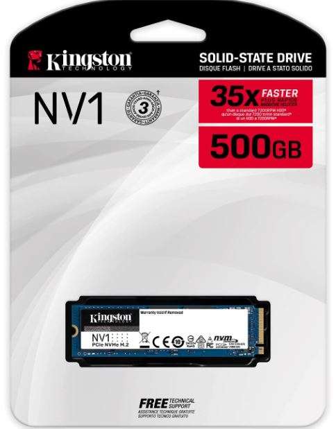 Disco duro interno SSD Kingston NV1 500 GB, PCIe 3.0 x4, NVMe, M.2 2280, 2100 MB/s (MediaMarkt y Amazon)