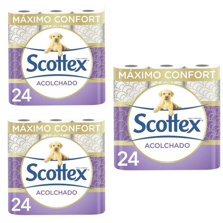 3 x Scottex Acolchado Papel Higiénico Seco 24 rollos [Total 72 rollos. 0'37€/rollo]