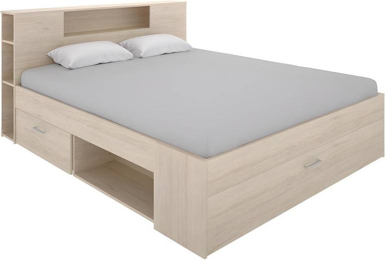 Cama de matrimonio con almacenaje en cabecero y bajo cama – Natural – 95x149x218 cm