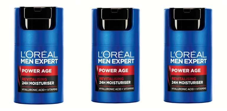 3x L'Oréal Crema hidratante para hombre, Antiarrugas y antienvejecimiento, Con ácido hialurónico, Pieles secas y apagadas, 50ml. 5'21€/ud