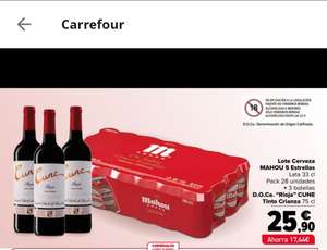 Pack 28 latas cerveza Mahou 5 estrellas + 3 botellas crianza Cune ( Rioja) - Carrefour