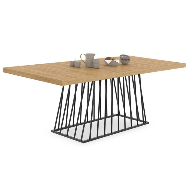IDMarket Yuna – Mesa de comedor extensible rectangular para 6-10 personas, bandeja de madera y pie con cable, metal, color negro