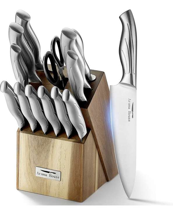 Aroma House - Juego de cuchillos de cocina (13 piezas, acero inoxidable, incluye bloque y sacapuntas integrado)