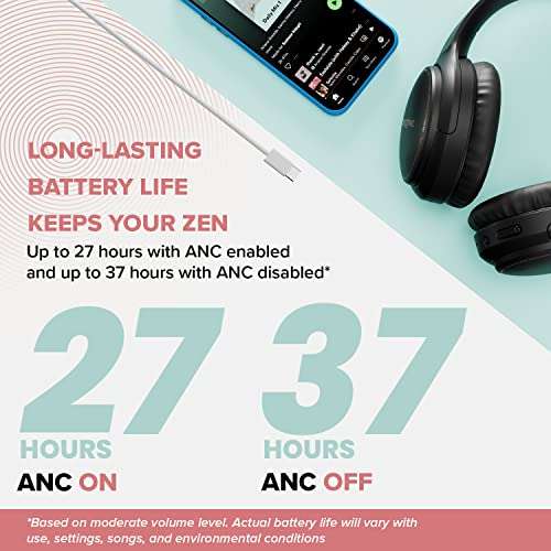 CREATIVE Zen Hybrid Auriculares Supraaurales Wireless Cancelación de Ruido Activa Híbrida, ANC, hasta 27 Horas, Bluetooth 5.0, Negro