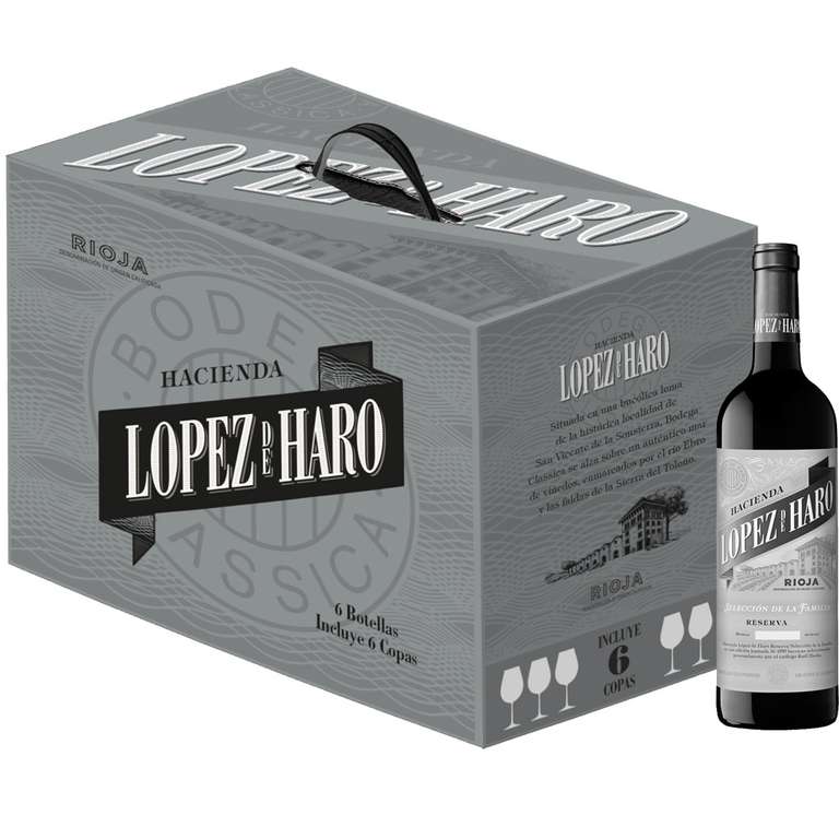 Preciazo Vino tinto Selección de la Familia Reserva Rioja caja 6 botellas 75 cl con regalo de 6 copas