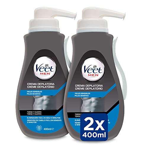 Pack Veet Men Crema Depilatoria Masculina para Pecho Espalda Brazos y Piernas, Pieles Sensibles, 2 x 400 ml con Dosificador