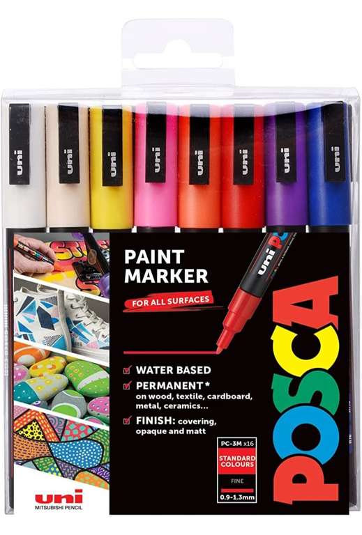 Posca PC-3M - Pack de 16 rotuladores de pintura al agua con punta redondeada, multicolor