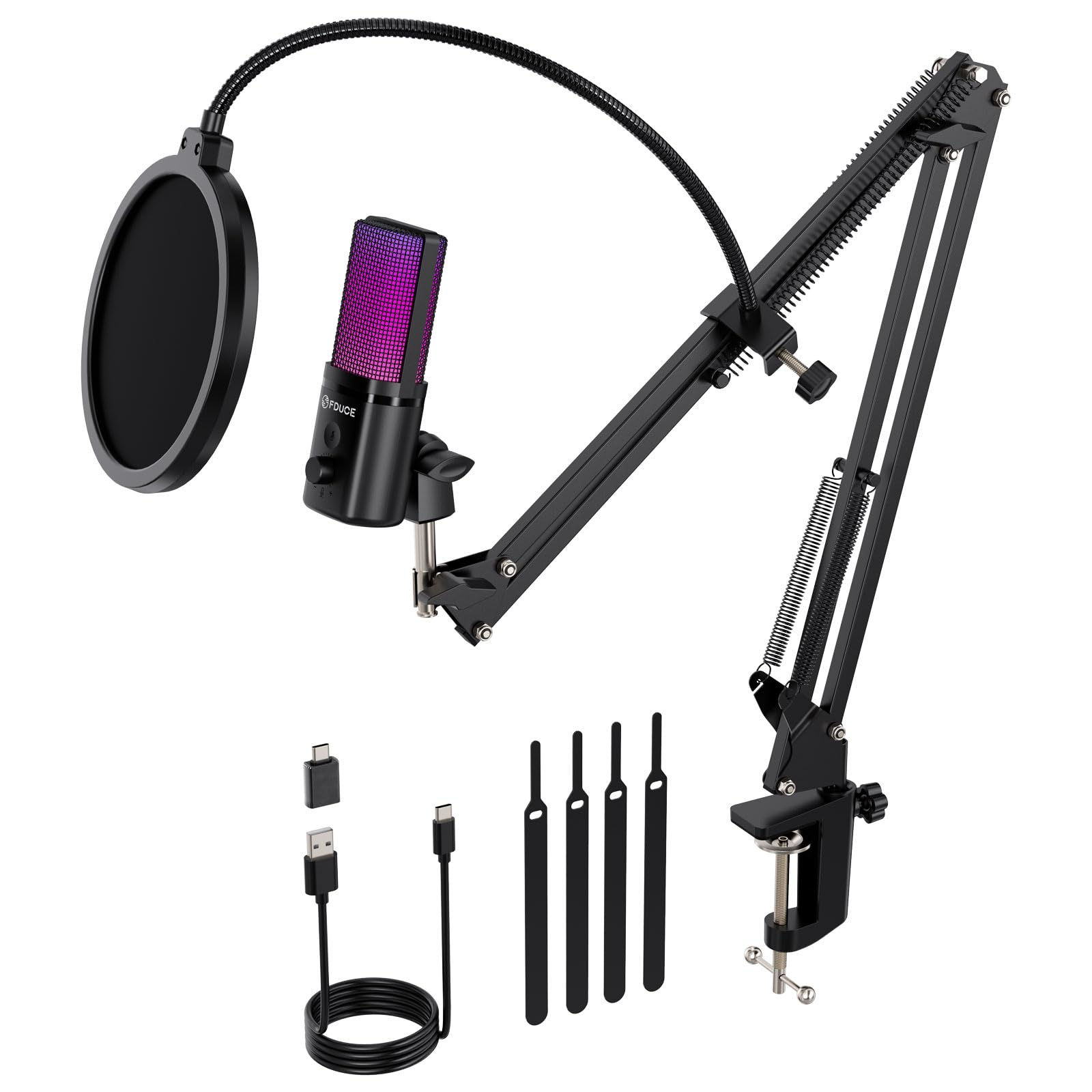 Gaming Microfono para PC USB Typ-A/C, RGB Kit Micrófono de Condensador para PC PS4 PS5, Botón de Silencio,Filtro Anti-Pop,Soporte de Choque