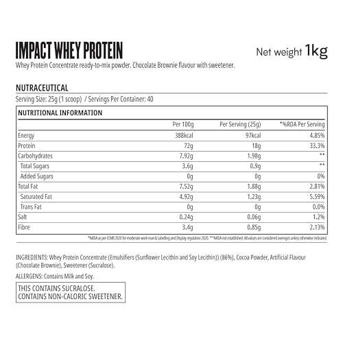 Myprotein Impact Whey Protein Chocolate Brownie comprando 1kg (2kg 30€)