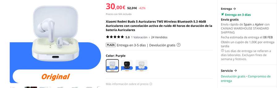 Comprar Xiaomi Redmi Buds 5 46dB Cancelación de Ruido Bluetooth 5.3 TWS  Auricular
