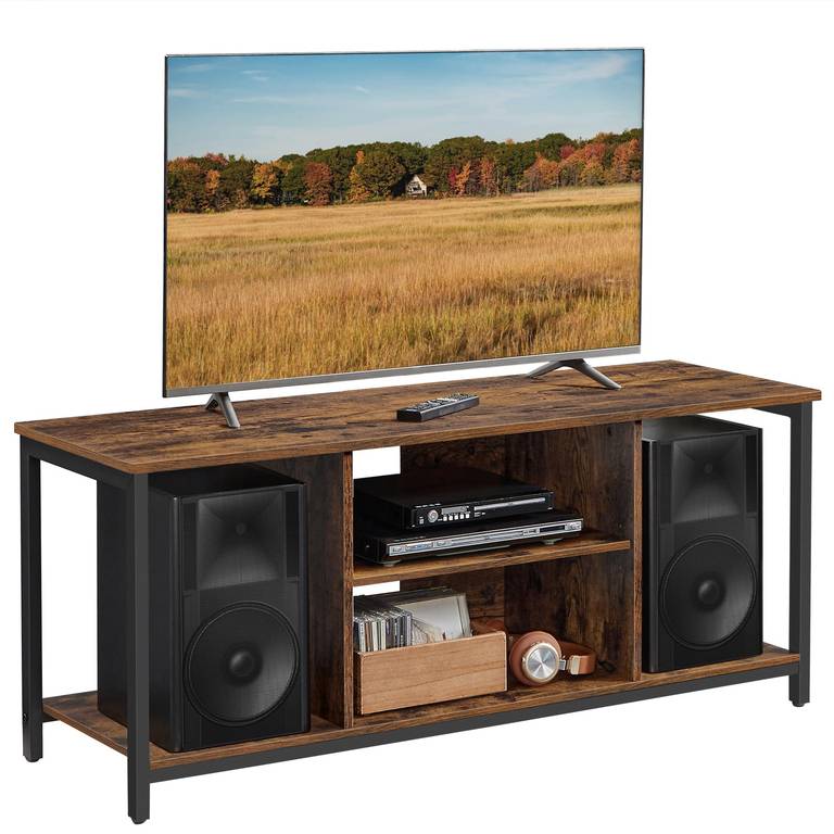 Mueble de TV VASAGLE para televisores hasta 55″ con estantes abiertos – Marrón Rústico y Negro (LTV060B01)