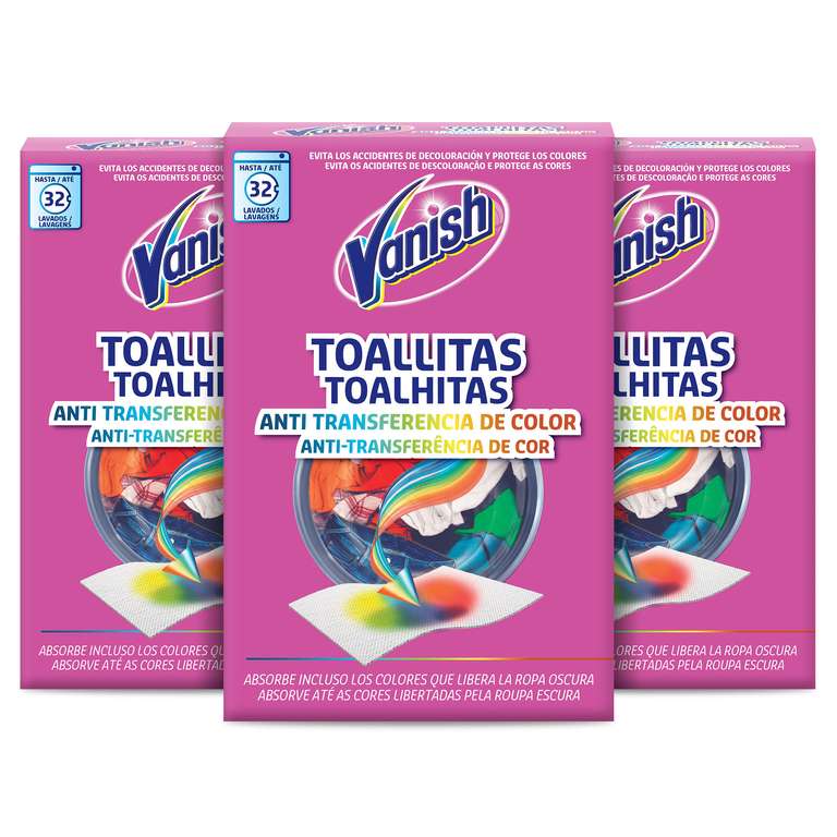 Toallitas antitransferencia de color para la ropa Vanish Gold 96 unidades (pack de 3 paquetes 32 toallitas)