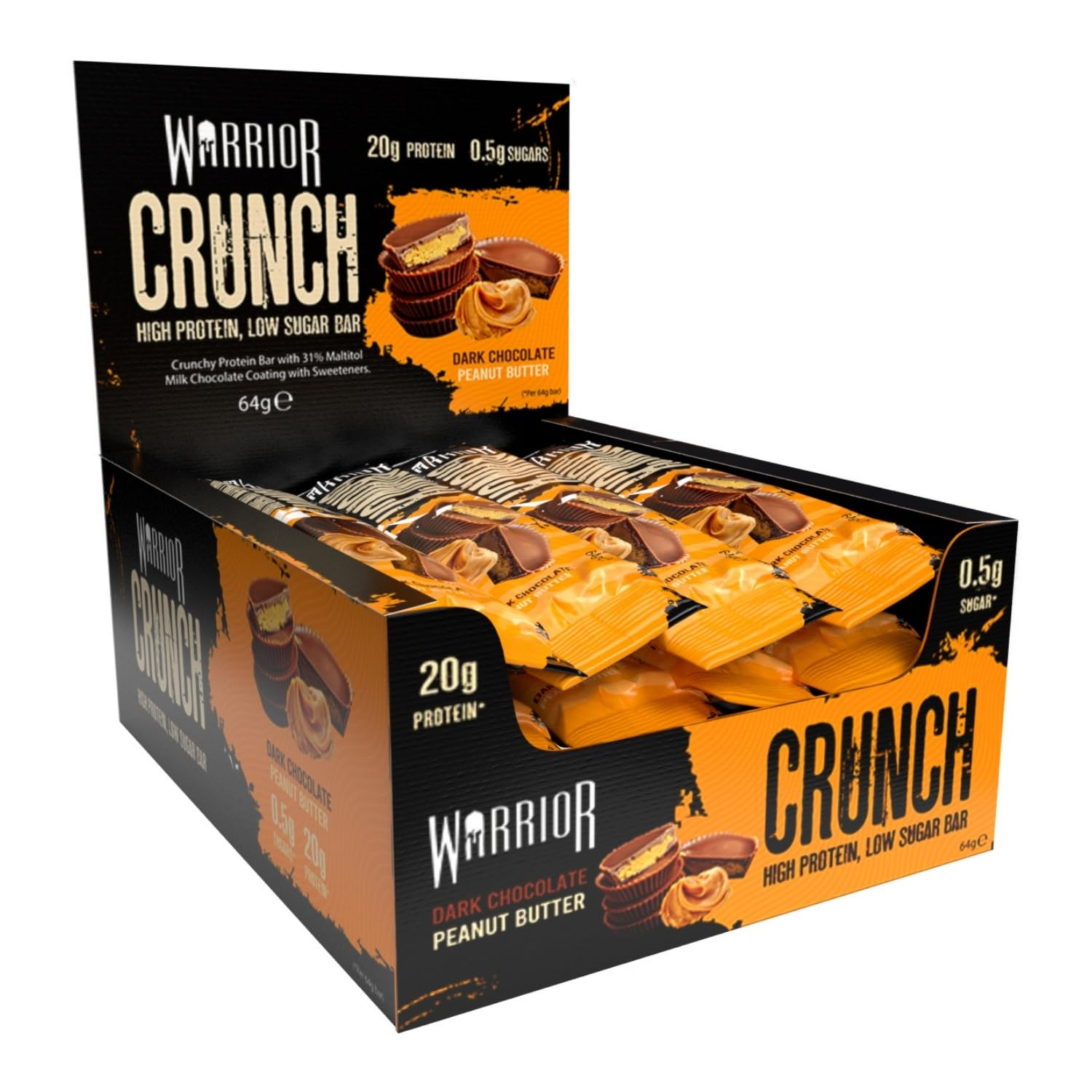 Barritas ricas en proteínas Warrior Crunch 20g Por Barrita -- Pack 12x64g / Chocolate Negro y Cacahuete