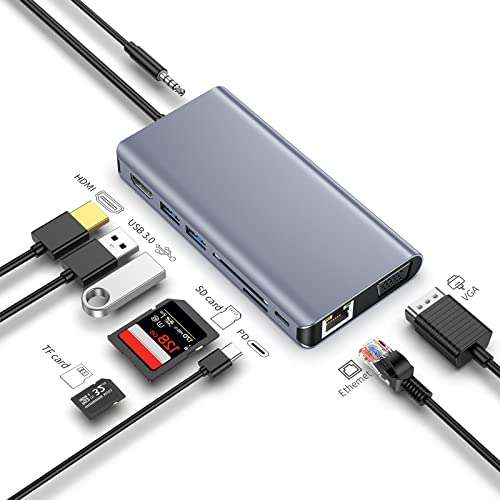 Hub USB-C 9 en 1 Type C, Multifunción, Dual-Display con HDMI 4K, VGA HD, 2 USB 3.0, PD, Gigabit RJ45, SD/TF, Audio 3,5 mm