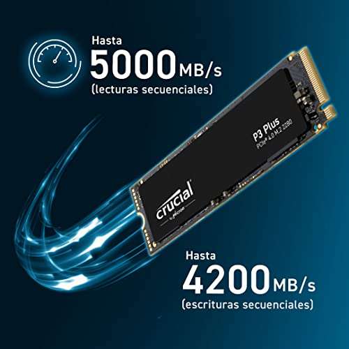 Crucial P3 Plus 1TB CT1000P3PSSD8 PCIe 4.0 3D NAND NVMe M.2 SSD, 5000MB/s // 2TB por 169.29 €// 500 GB por 47.26 €