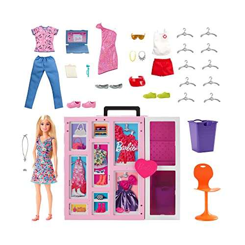 Barbie Fashionista Armario de ensueño 2.0 Maletín para guardar ropa de muñeca con +30 accesorios de moda, muñeca y 4 looks incluidos