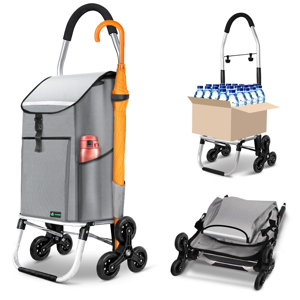 VOUNOT Carrito Compra Plegable de Aluminio, Carro de la Compra 6 Ruedas con Bolsa Oxford Desmontable y Ganchos, 58L, Gris