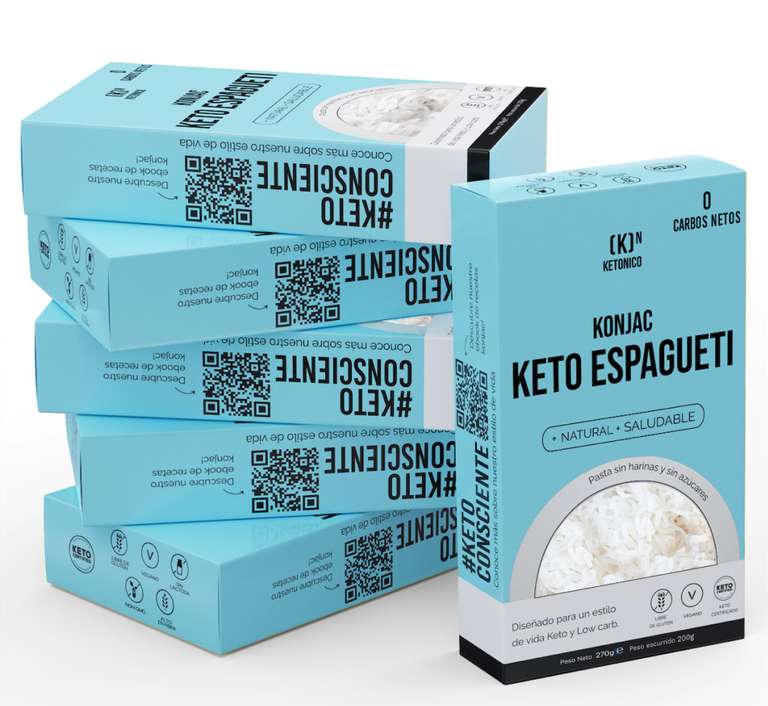 KETONICO Konjac Keto Sin Gluten, Sin Lactosa, Sin Soja, Sin OMG, Certificado Keto 1.2g Carbohidratos por Plato, Pack 6x Konjac Espaguetti