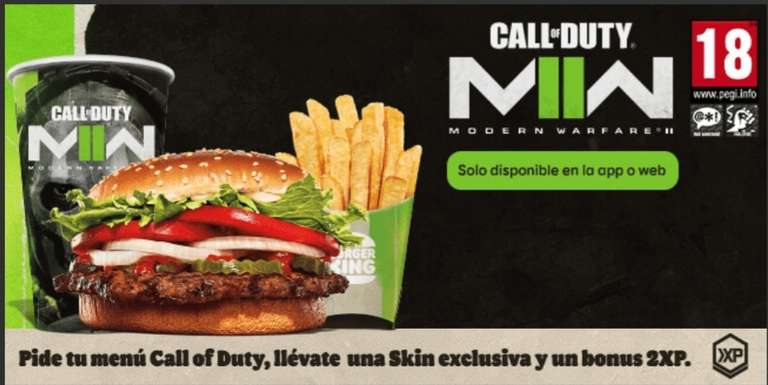 Pide el Menú Call of Duty en Burguer King para domicilio,recoger o consumo en restaurante y te llevas una Skin exclusiva y un bonus 2XP