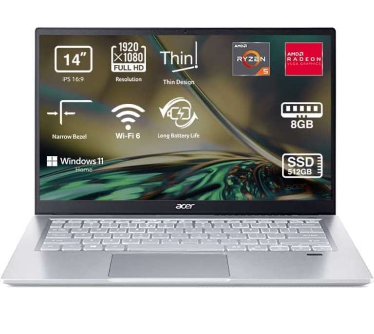 Acer Swift 3 SF314-43 - Ordenador Portatil 14 Pulgadas Full HD IPS, Laptop (AMD Ryzen 5 5500U, 8GB RAM, 512GB SSD, Windows 11 Home),