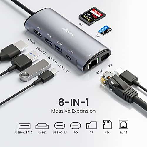Adaptador USB C 8 en 1 con 4K HDMI, 2 USB-A 3.1, 1 USB-C 3.1, PD 100W, SD/TF, Ethernet 1000M, Docking Station USB C