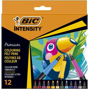 BIC Intensity Premium Rotuladores para Colorear con Cuerpo Negro y Cómodo Grip de Goma - Colores Surtidos, Pack de 12
