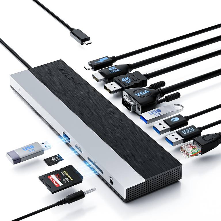 WAVLINK Estación de Acoplamiento USB-C para 3 monitores, con HDMI, DP, VGA, 100 W PD, USB3.0 & 2.0, RJ45, SD/TF-Slots, Audio/Micrófono