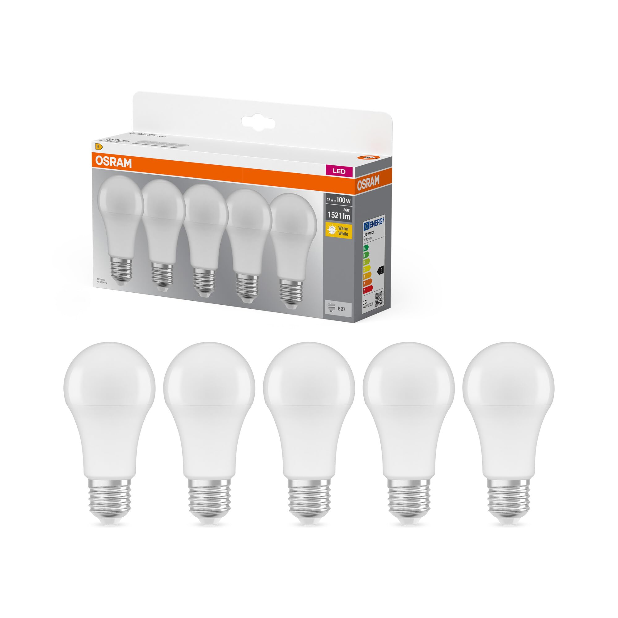 Pack 5 OSRAM Lámpara LED Base Classic A100 E27 13W (Reacondicionado - Como Nuevo)