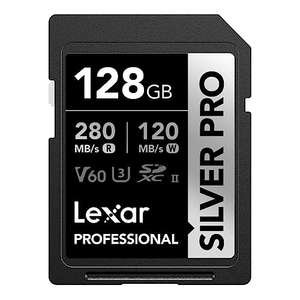 Lexar Silver Pro Tarjeta de Memoria SD de 128 GB, UHS-II, V60, U3, C10, SDXC, hasta 280 MB/s de Lectura, para fotógrafo Profesional