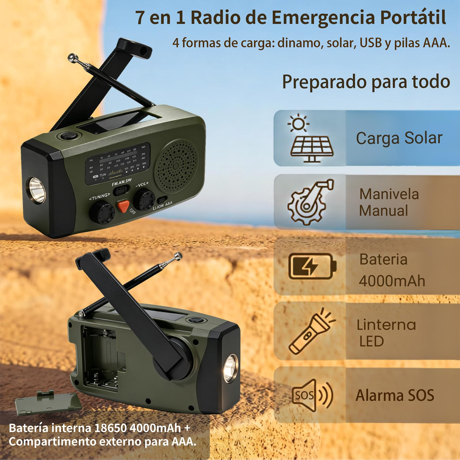 Radio Emergencia RD3 2000mAh: Solar + Manivela + Linterna LED + SOS + Powerbank