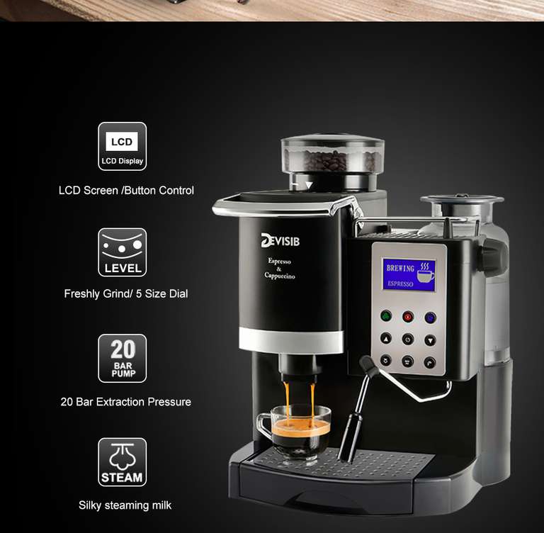 DEVISIB-cafetera semiautomática 3 en 1 con molinillo y vaporizador de leche para hacer café Latte, capuchino, Americano
