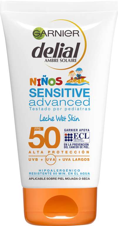 3x Garnier Delial Niños Sensitive Advanced. Protector Solar Leche Wet Skin Pieles Claras, Sensibles e Intolerantes al Sol, IP50-150ml. 5€/ud