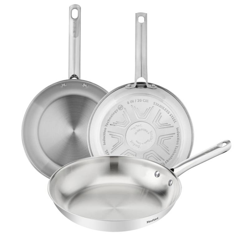 Tefal Duetto On – Juego de Sartenes de 20/24/28 cm, Acero inoxidable, Cocción rápida y uniforme, Apto inducción, 10 Años garantia