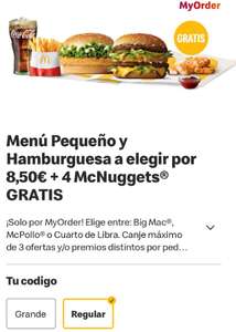 Menú pequeño+ hamburguesa a elegir + 4 nuggets gratis