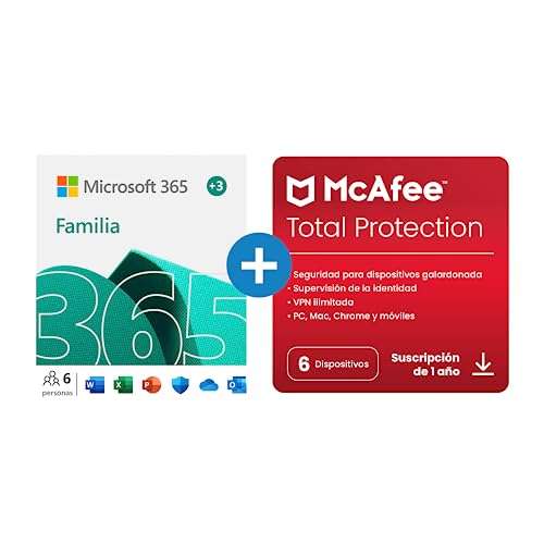 Microsoft 365 Familia | Apps Office 365 | |6 cuentas 12+3 Meses | + McAfee Total Protection 2022 | 6 Dispositivo | 12 Meses |
