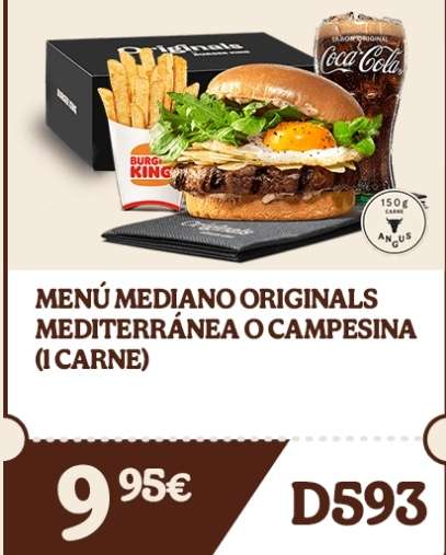 Hasta 50% de descuento en tus hamburguesas favoritas + bajada de precio en menú Originals grande (mediterránea y campesina)y vaso Pitufos 1€