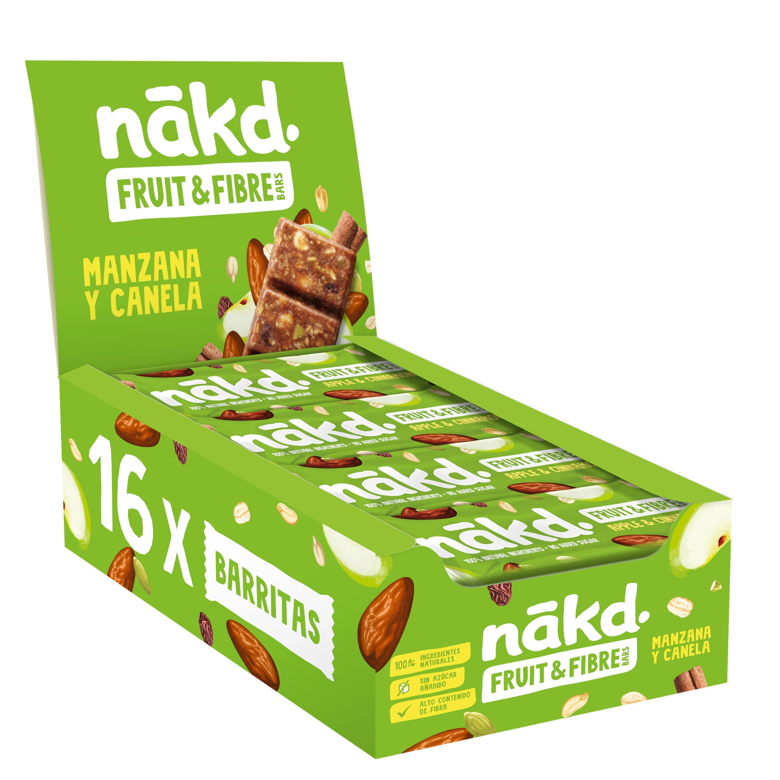 Barritas Nākd Fruta y Fibra Manzana y Canela (Pack 16x44g, 100% naturales, raw vegano, sin gluten, sin azúcar añadido, en Amazon España)