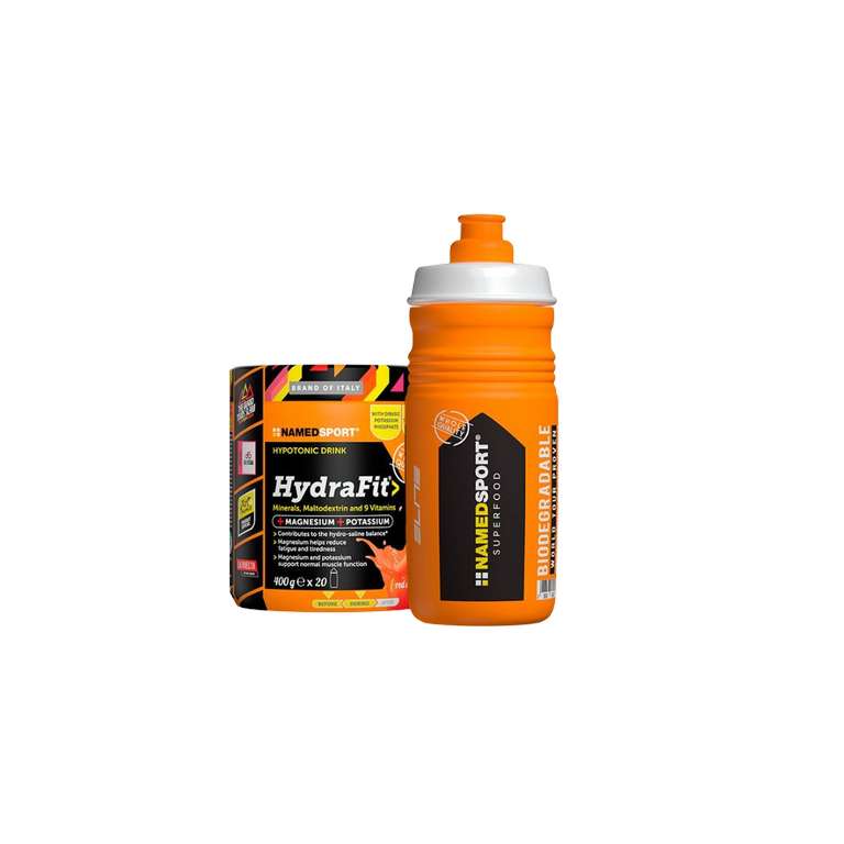 Suplemento alimenticio - Named Sport HydraFit, 400 g, Maltodextrina, Multivitaminas + Bidón Elite 550 ml