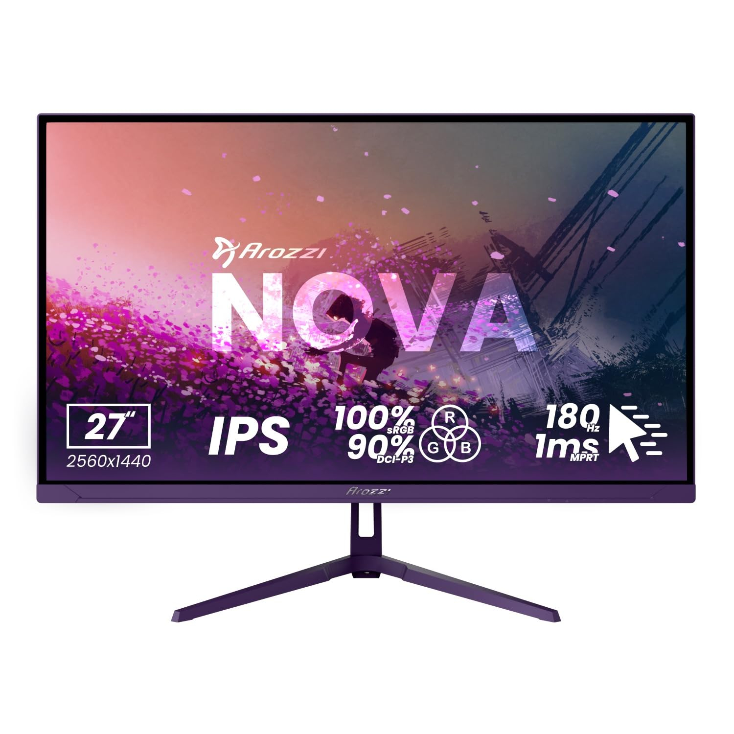 Arozzi Nova 27" Monitor Gaming IPS QHD 2560×1440, 180 Hz, 1 ms, FreeSync, HDR, Altavoces Integrados – Purple