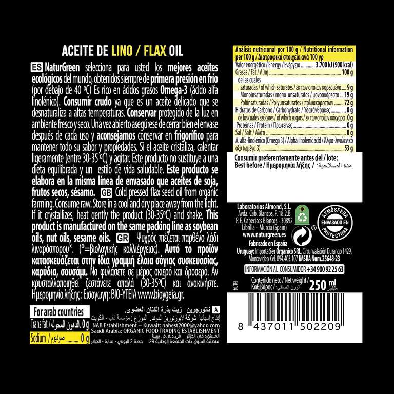 NaturGreen - Aceite Lino Bio, 100% Aceite de Semillas de Lino Ecológico, Rico en Omega-3, Primera Presión, 250 Mililitros