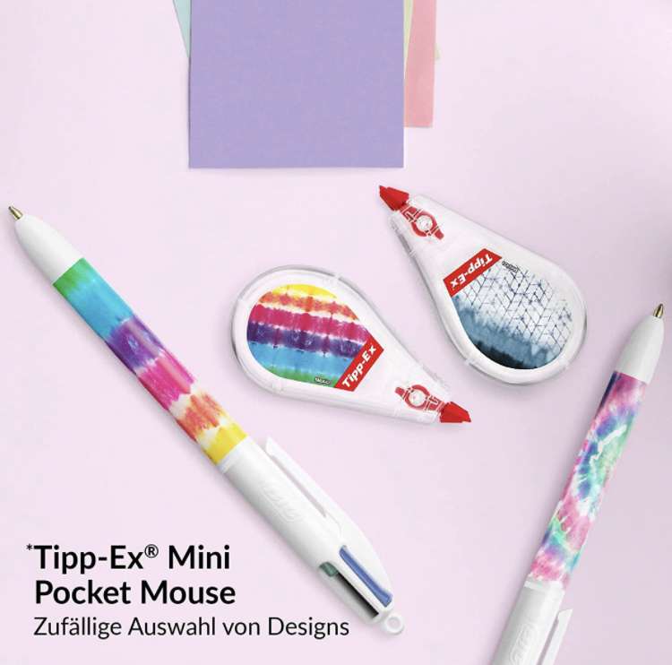 BIC Set de 3 Bolígrafos BIC 4 Colores y 2 Cintas Correctoras Mini Pocket Mouse - Diseños Surtidos, Paquete de 3+2
