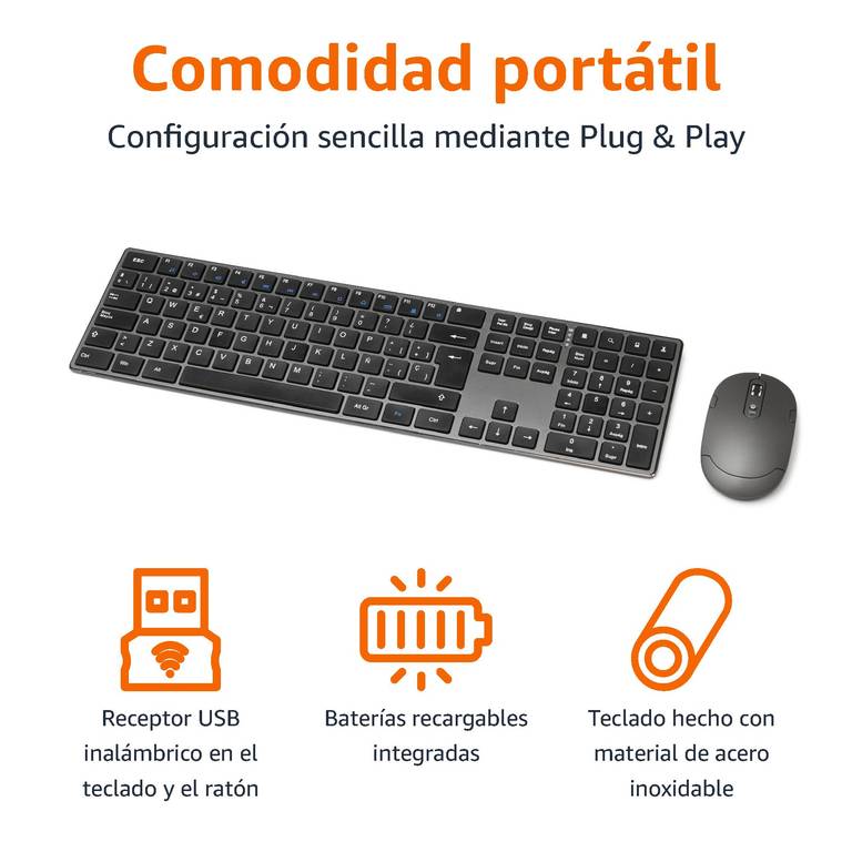 Combo de Teclado Ultrafino de Tamaño Completo y Ratón Inalámbrico Amazon Basics (Recargable, Silencioso, Disposición ES con Ñ)