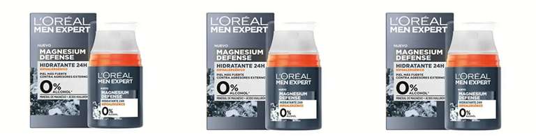 3x L'Oréal Men Expert. Crema Hidratante Hombre, Hipoalergénica, Magnesio+Ácido Hialurónico, Sin alcohol, Piel Sensible, 50ml [4'05€/ud]