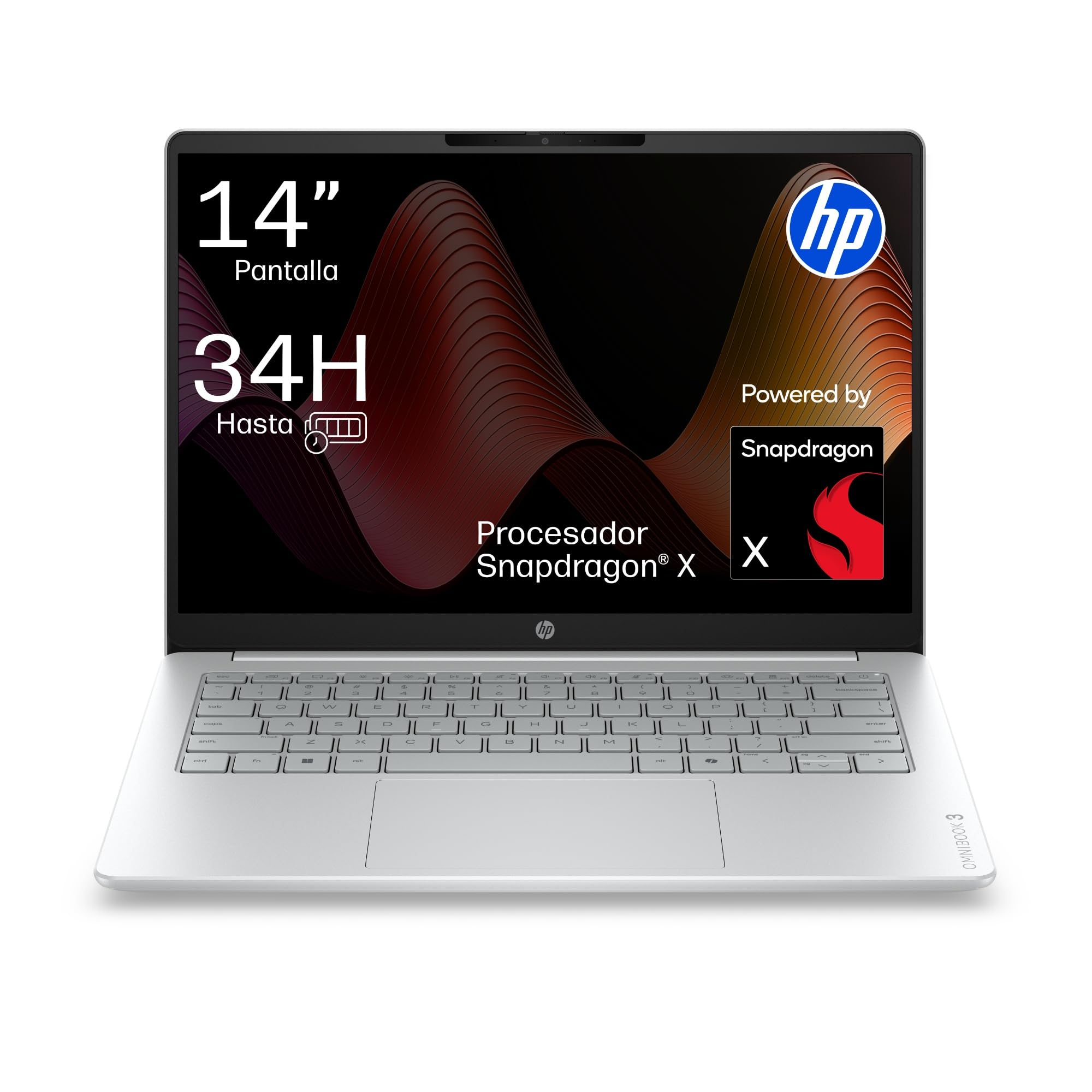 Portátil AI PC HP OmniBook 3 14” WUXGA (1920x1200) IPS con Snapdragon X, 16GB RAM, 512GB SSD, Windows - 34H DE BATERÍA!