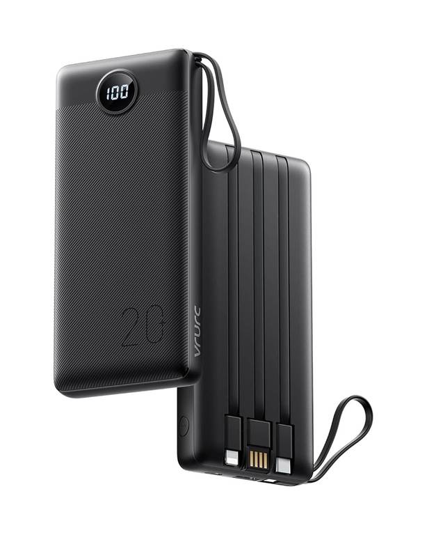 VRURC Power Bank, 22,5W Bateria Externa Carga Rapida 20000mah con 4 Cables Integrado, USB C In/out Powerbank, Cargador Portatil Fast Charge