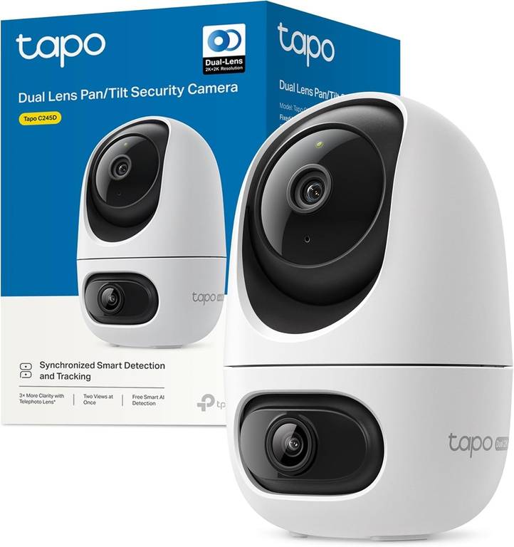 Cámara WiFi de Interior Doble Lenten Tapo C245D (Resolución 2K, Cobertura 360°, Detección IA, Visión Nocturna- vista de dos espacios)