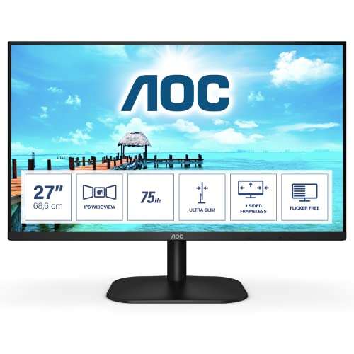 AOC 27B2H- Monitor de 27"Full HD (1920x1080, 75 Hz, IPS, FlickerFree, 250 cd/m, D-SUB, HDMI, VGA, Low Blue Light) Negro [Prime Day]